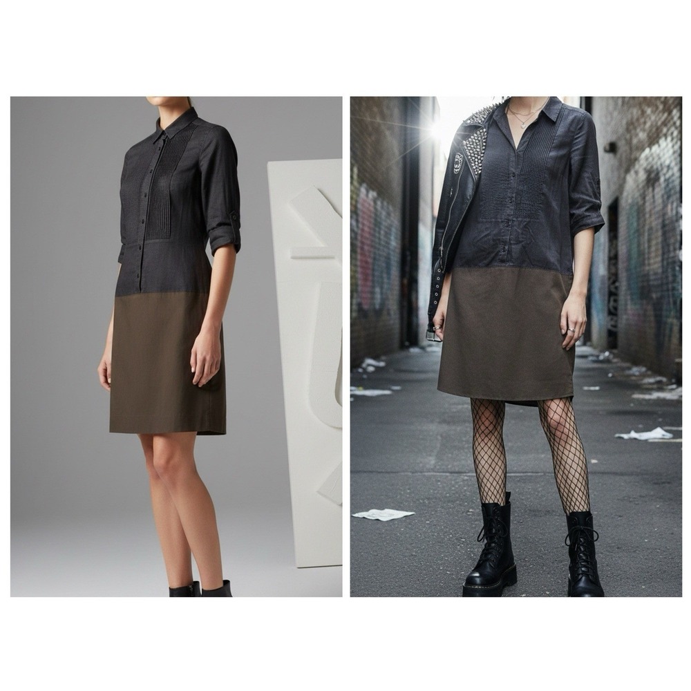 Colorblock Slim Fit Pintuck Shirt‎ Dress Size 6 Two Tone Mod Dress Dark Academia